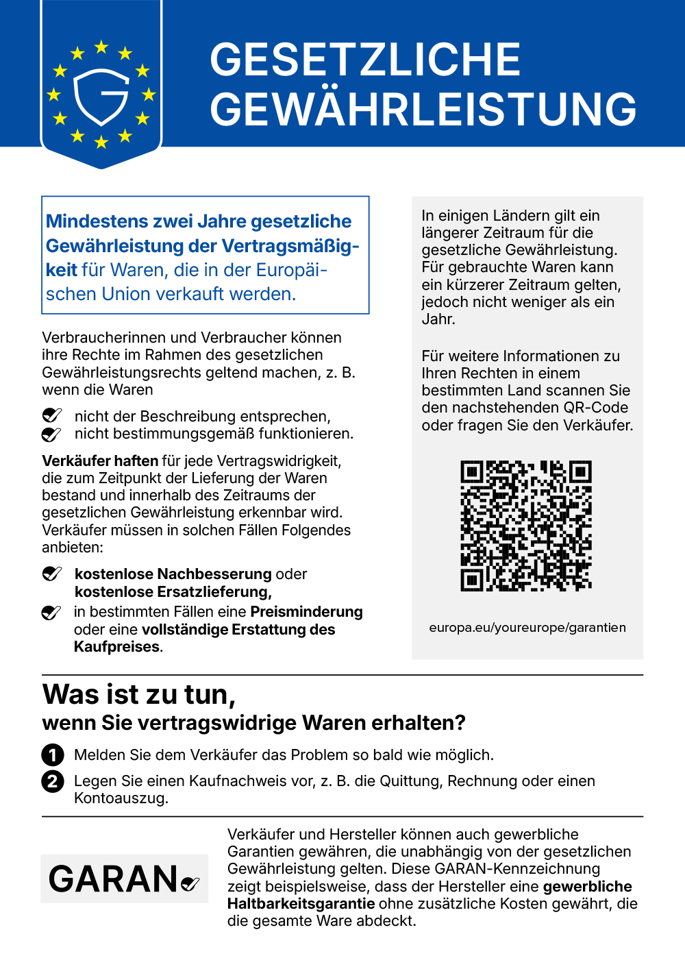 Gesetzliche Gewährleistung – mindestens zwei Jahre